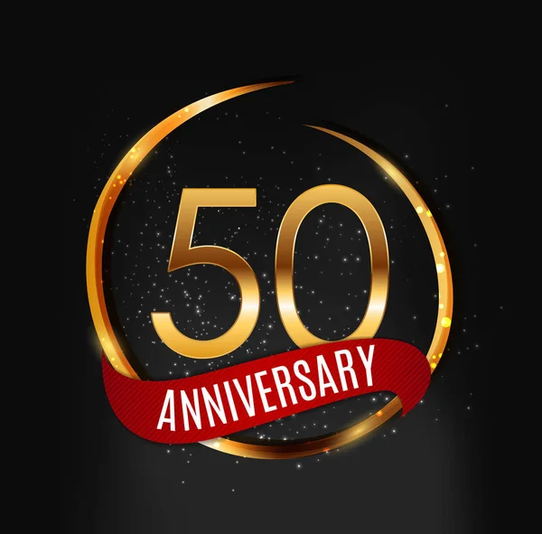 Logo in oro modello 50 anni di anniversario con illustrazione vettoriale del nastro rosso — Vettoriale Stock