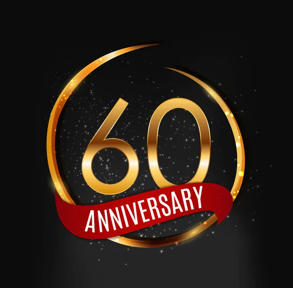 Logo Plantilla Oro 60 Años Aniversario con Cinta Roja Vector Ilustración — Vector de stock