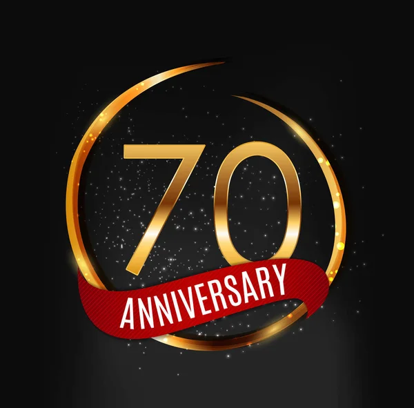 Logo in oro modello 70 anni anniversario con illustrazione vettoriale del nastro rosso — Vettoriale Stock