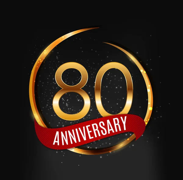 Sjabloon gouden Logo 80 jaar verjaardag met rood lint vectorillustratie — Stockvector