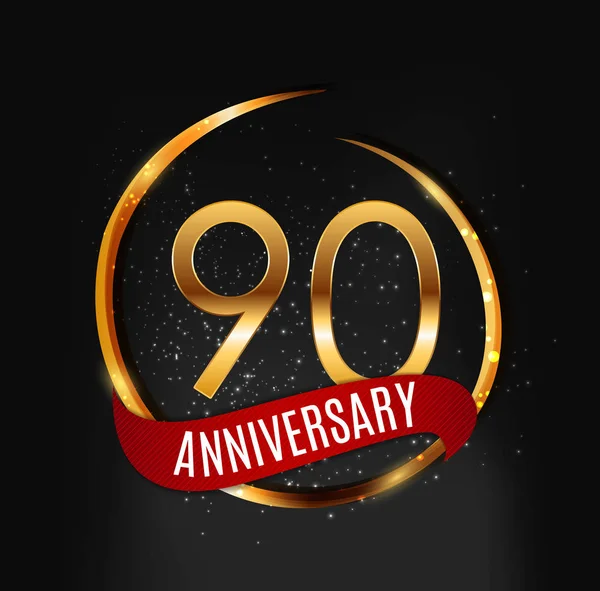 Sjabloon gouden Logo 90 jaar verjaardag met rood lint vectorillustratie — Stockvector