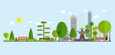 Düz çizgi film tarzı Illustration kentsel peyzaj sokak manzarası şehir ofis binaları ve parklar ağaçlar ile. Vektör çizim