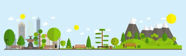 Piatto illustrazione in stile cartone animato di paesaggio urbano skyline città edifici per uffici e parchi con alberi. Illustrazione vettoriale — Vettoriale Stock