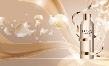 Duş jeli şişe şablon reklamları veya dergi arka plan için. 3D gerçekçi vektör Iillustration