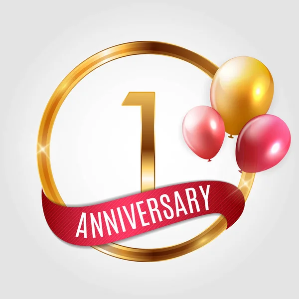Sjabloon gouden Logo 1 jaar verjaardag met lint en ballonnen Vector Illustratie — Stockvector