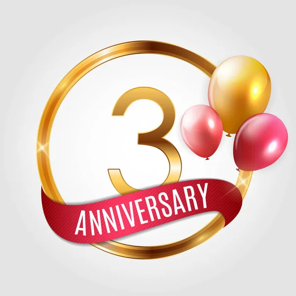 Sjabloon gouden Logo 3 jaar verjaardag met lint en ballonnen vectorillustratie — Stockvector