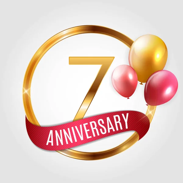 Sjabloon gouden Logo 7 jaar verjaardag met lint en ballonnen vectorillustratie — Stockvector