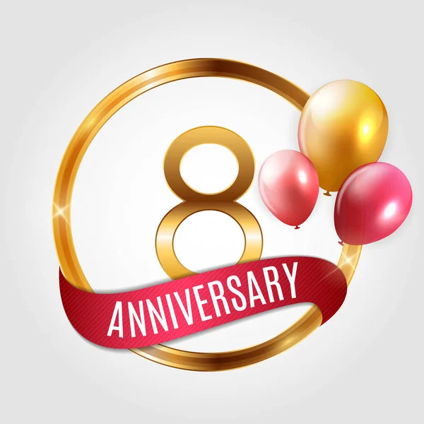 Logo Plantilla Oro 8 Años Aniversario con Cinta y Globos Vector Ilustración — Archivo Imágenes Vectoriales