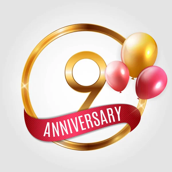 Logo Plantilla Oro 9 Años Aniversario con Cinta y Globos Vector Ilustración — Archivo Imágenes Vectoriales