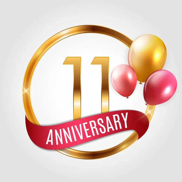 Sjabloon gouden Logo 11 jaar verjaardag met lint en ballonnen vectorillustratie — Stockvector