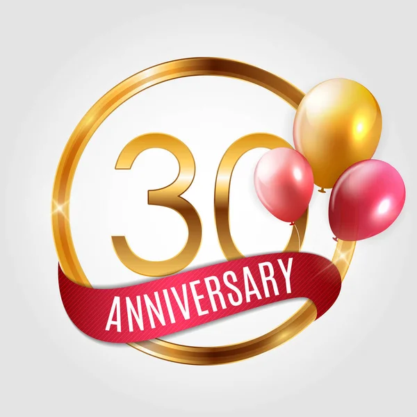 Золотой логотип шаблона 30 лет со дня рождения с векторной иллюстрацией ленты и воздушных шаров — стоковый вектор