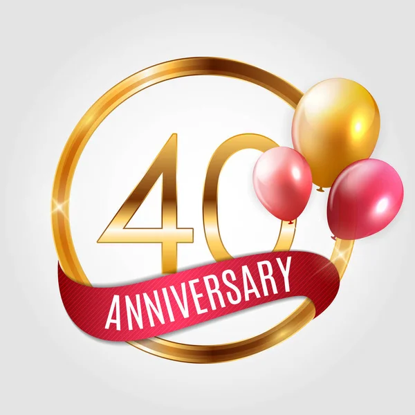 Template Gold Logo 40 Years Anniversary with Ribbon and Balloons Vector Illustration — Stock Vector