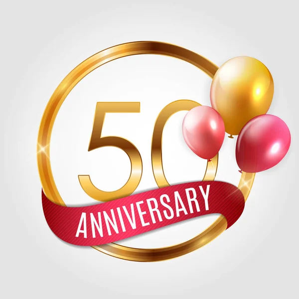 Logo Plantilla Oro 50 Años Aniversario con Cinta y Globos Vector Ilustración — Vector de stock