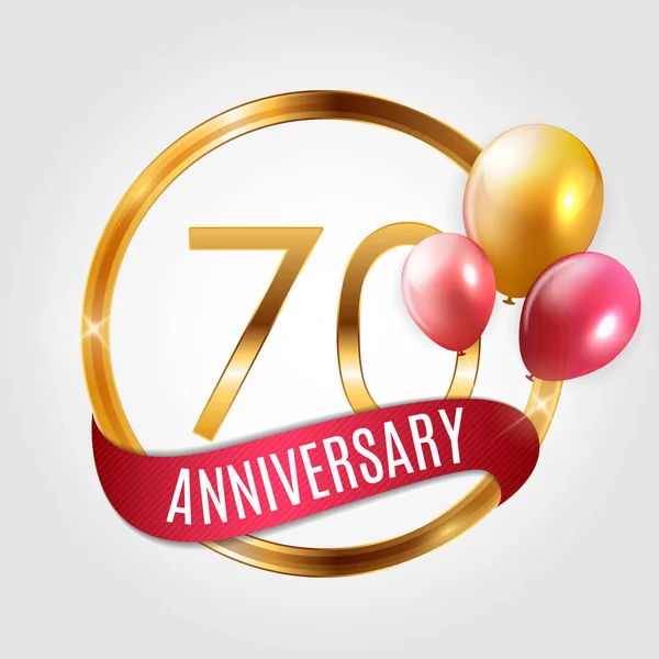 Modelo Ouro Logo 70 Anos Aniversário com Fita e Balões Vector Ilustração —  Vetores de Stock