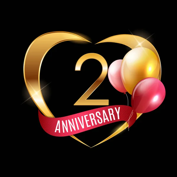 Sjabloon gouden Logo 2 jaar verjaardag met lint en ballonnen vectorillustratie — Stockvector