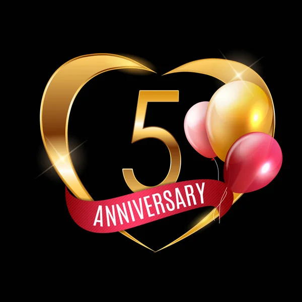 Sjabloon gouden Logo 5 jaar verjaardag met lint en ballonnen vectorillustratie — Stockvector