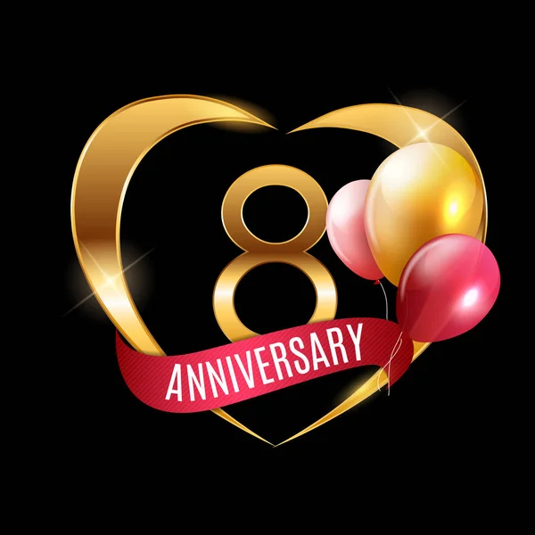 Sjabloon gouden Logo 8 jaar verjaardag met lint en ballonnen vectorillustratie — Stockvector