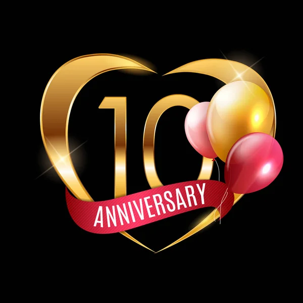 Logo Plantilla Oro 10 Años Aniversario con Cinta y Globos Vector Ilustración — Archivo Imágenes Vectoriales