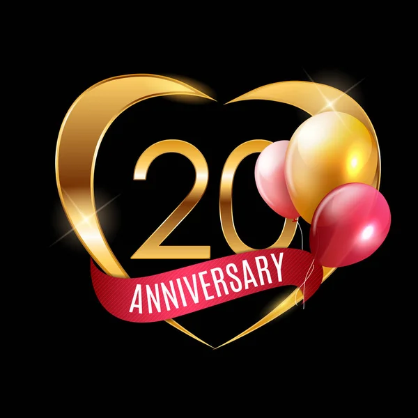Sjabloon gouden Logo 20 jaar verjaardag met lint en ballonnen vectorillustratie — Stockvector