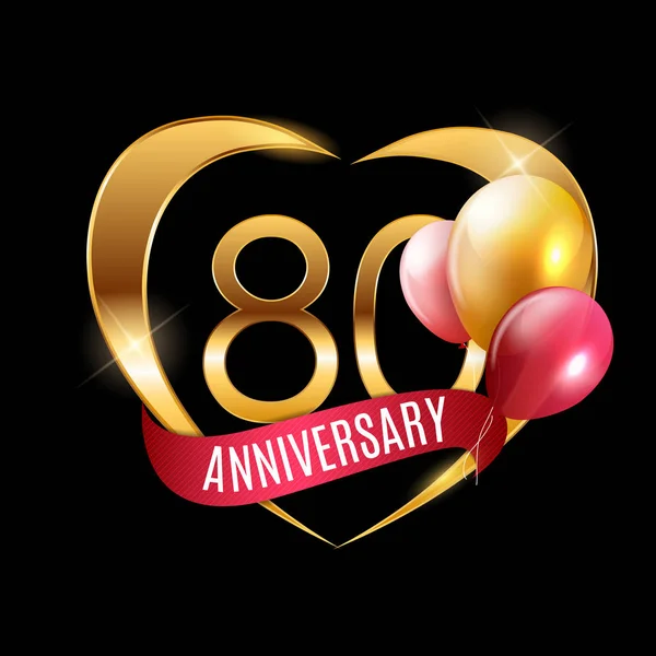 Templat Gold Logo 80 Years Anniversary with Ribbon and Balloons Vector Illustration - Stok Vektor