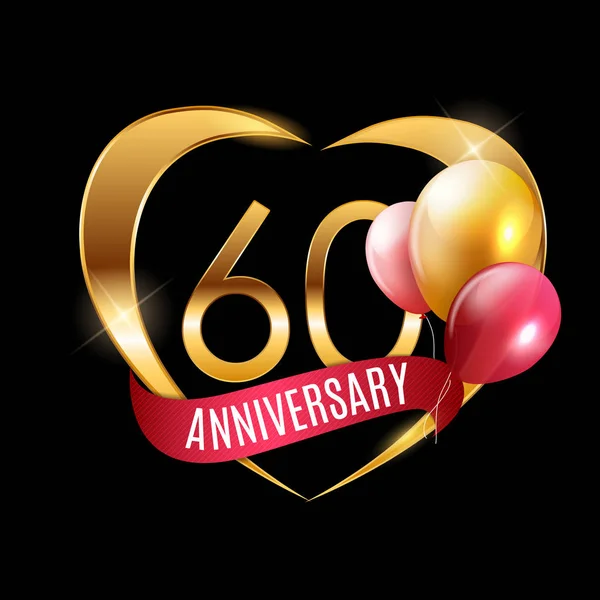 Vorlage Gold Logo 60 Jahre Jubiläum mit Schleife und Luftballons Vektor Illustration — Stockvektor