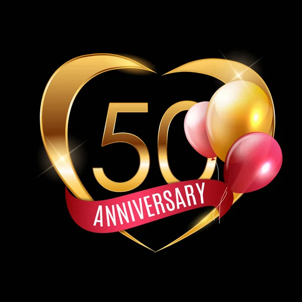Sjabloon gouden Logo 50 jaar verjaardag met lint en ballonnen vectorillustratie — Stockvector
