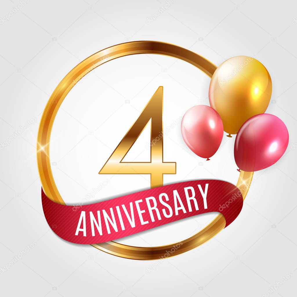 Template Gold Logo 4 Years Anniversary with Ribbon and Balloons Vector Illustration