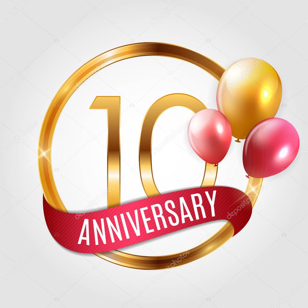Template Gold Logo 10 Years Anniversary with Ribbon and Balloons Vector Illustration
