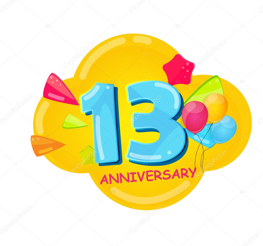 Cute Cartoon Template 13 Years Anniversary Vector Illustration