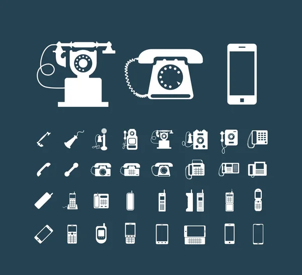 Vektor retro telefon ikon készlet, fehér vintage ikonok a sötét — Stock Vector