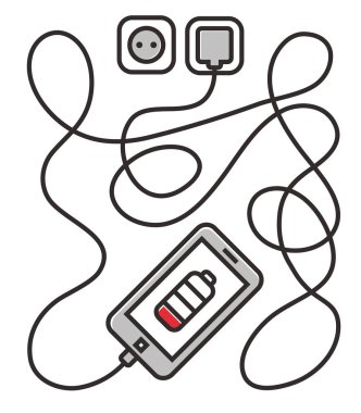 Uzun tel ile şarj telefon. Smarthone ve çizgi tel. Minimalizm çizgi çizilmiş anahat illüstrasyon afiş, kart, şablon