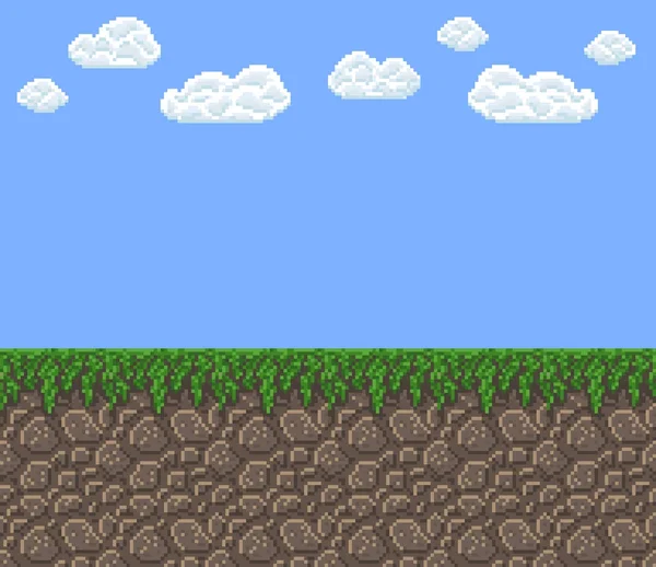 Pixel Art Vektor Textur - heller Tag blauer Himmel mit Wolken grünes Gras Land — Stockvektor