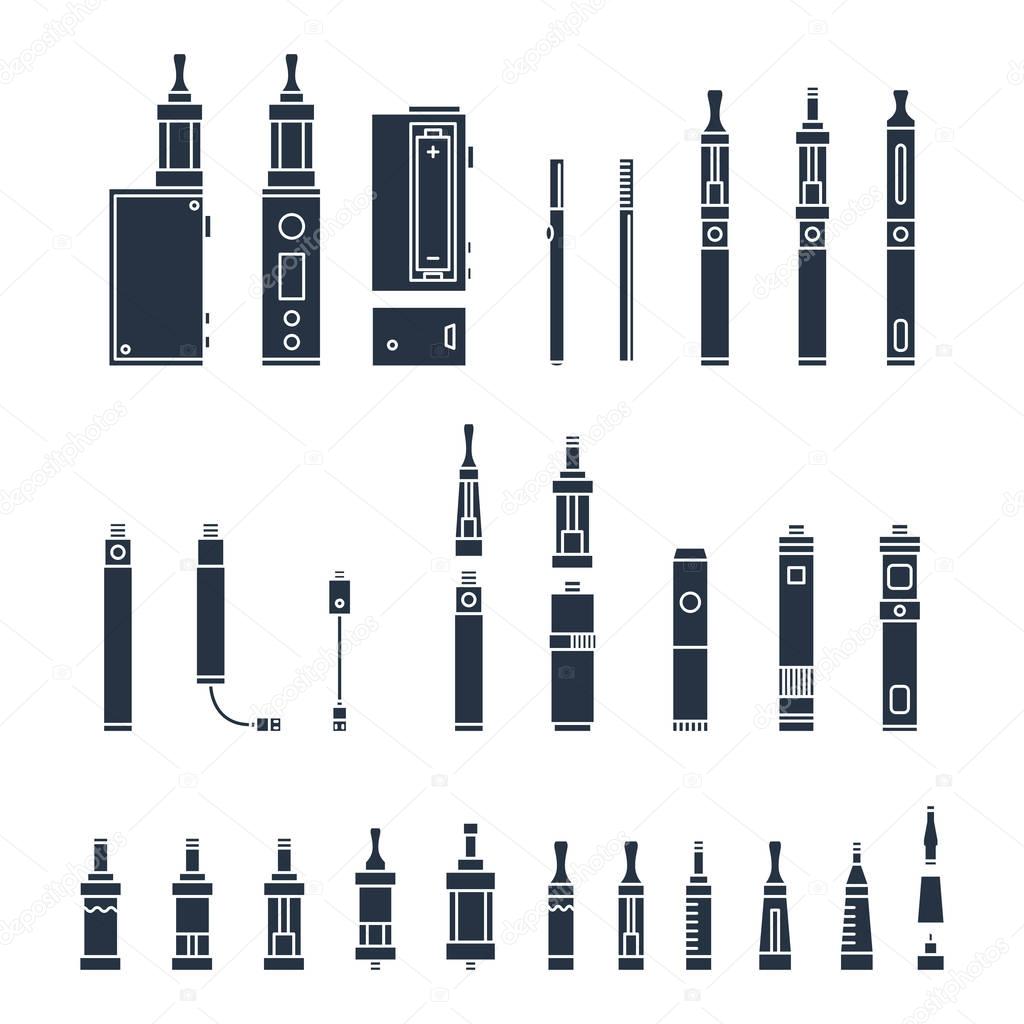 vecor set of vape related simple Icons. RDA, Atomizer, drip tip, mod, e-liquid, coil
