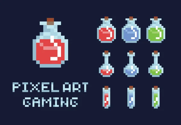 Set von Pixel-Art-Trank-Flaschen, rot grün und blau, Gesundheit Mana-Spiel-Design-Objekt — Stockvektor