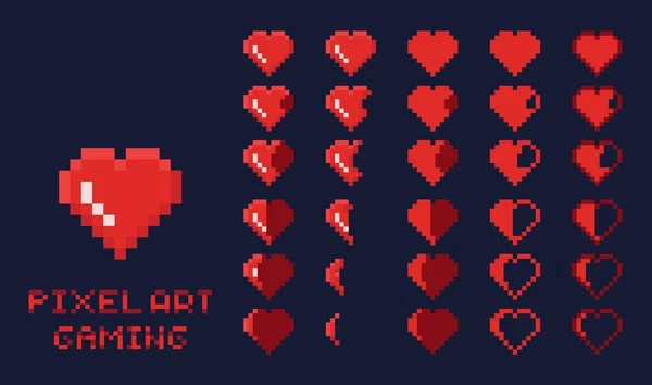 8 bit pixelart Gui spel ontwerpelement - hart voor gezondheid gradatie — Stockvector