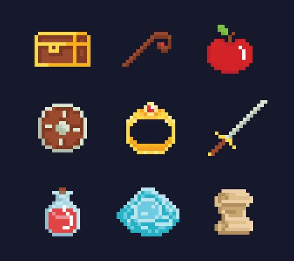 Isons de ilustración vector pixel art para desarrollo de juegos de aventura de fantasía, magia personal, espada, alimentos, pecho, hechizo, anillo, poción — Vector de stock