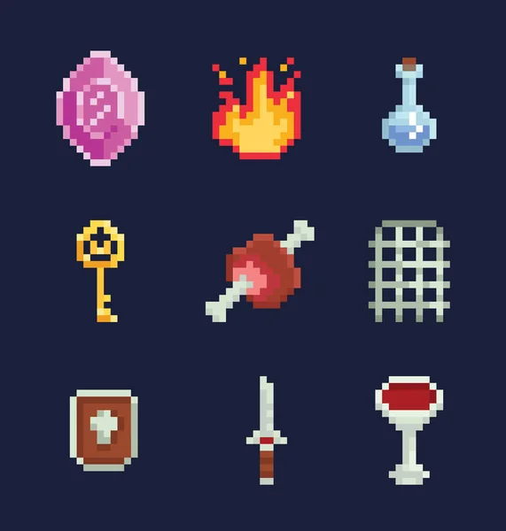 Vektor Pixel Art Illustration isons for fantasy adventure game development, gem, fire, trank, key, meat, gate, schild, schwert, bowl — Stockvektor