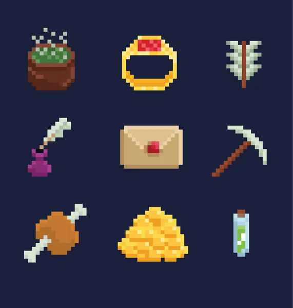 Iconos de ilustración de arte de píxeles vectoriales para el desarrollo de juegos de aventura de fantasía, anillo, comida, flecha, poción, tintero, caldera, letra, pico, oro — Vector de stock