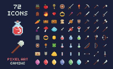 Pixel art vector game design icon video game interface set. Weapons, food, items, potion, magic. clipart