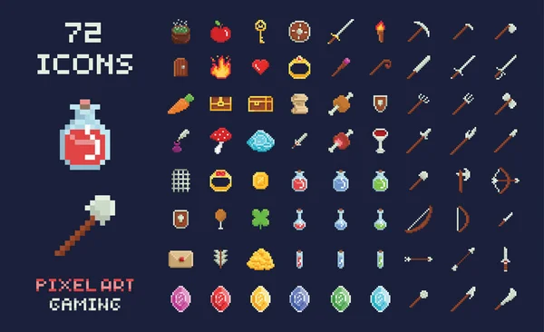 Pixel art vector game design icon video game interface set. Weapons, food, items, potion, magic. — Stock Vector