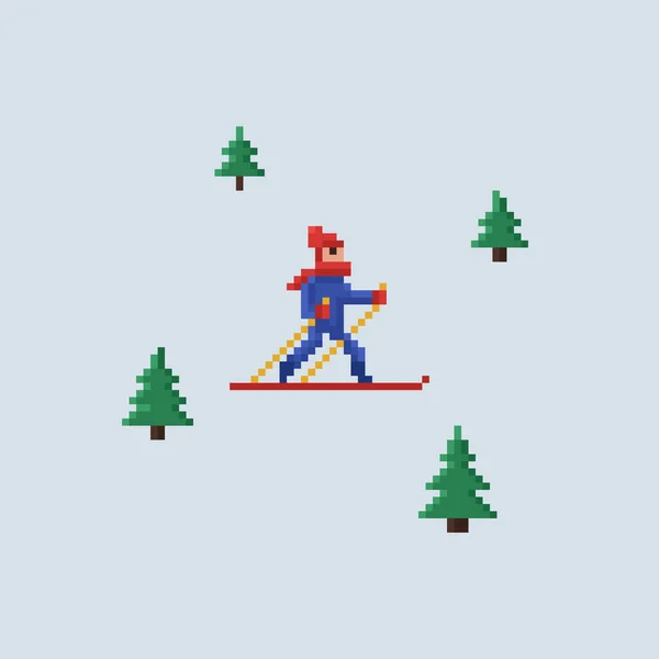 Pixel art vector 8 bit ilustración - hombre en sombrero rojo y chaqueta azul esquiar y árboles de Navidad sobre fondo azul claro — Vector de stock