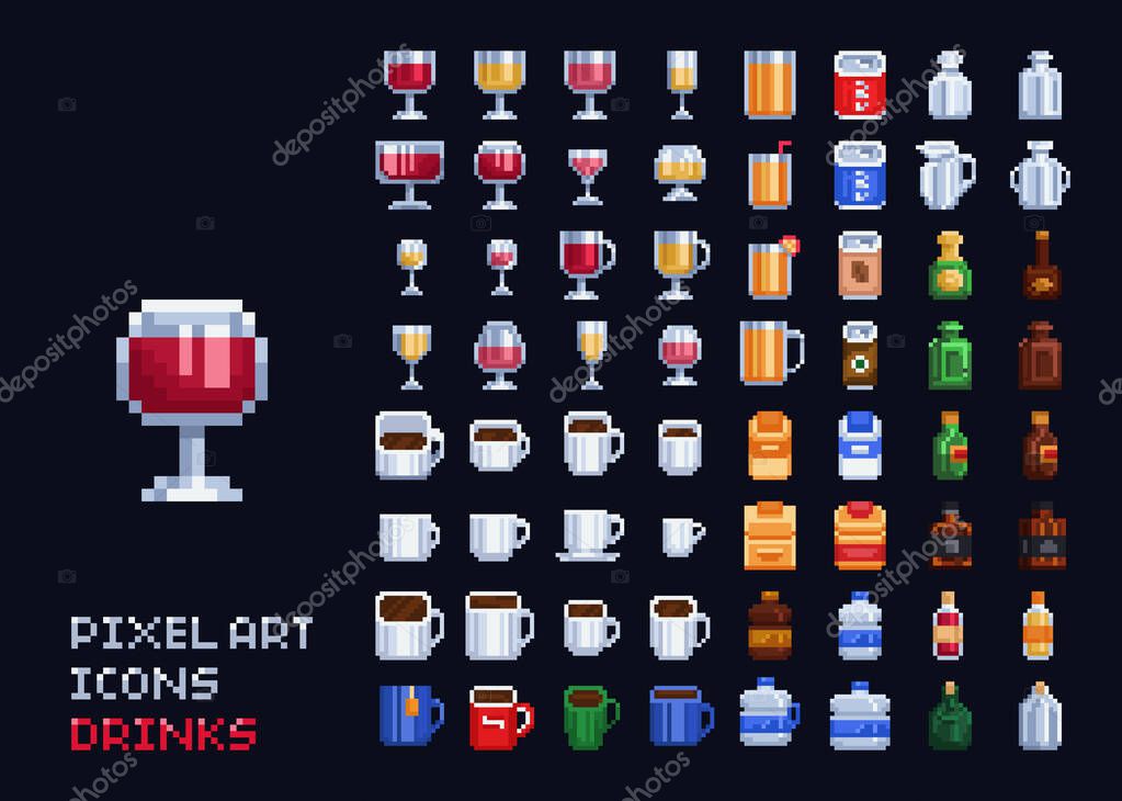Vector pixel art illustration - hot, cold and alcohol drinks set coffee, tea, vine, whiskey 8 bit icons. Isolated on dark blue background