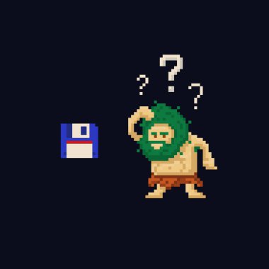 Piksel sanatı ilkel mağara adamı diskete bakarken kafası karışmış. Vektör illüstrasyon karakteri. Oyun varlığı 8-bit perisi