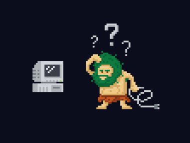 Piksel sanatı ilkel mağara adamı güç kablosu tutmakla eski tip bilgisayara bakmayı karıştırmış. Vektör illüstrasyon karakteri. Oyun varlığı 8-bit perisi