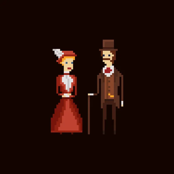 Caballero victoriano con bastón y dama en vestido rojo y sombrero - pixel art vector 8 bit ilustración sobre fondo marrón oscuro — Archivo Imágenes Vectoriales