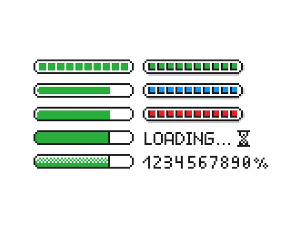 Pixel art vector conjunto de ilustración - barras indicadoras de carga de estilo retro de 8 bits, números porcentuales, carga de texto — Vector de stock
