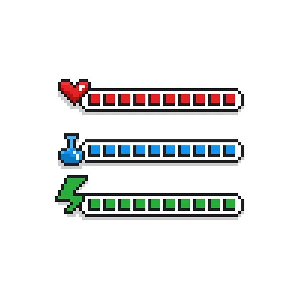 ピクセルアート8ビットレトロスタイルのゲームデザインインターフェイスセット-ハートの赤い健康指標、ポーションと緑のエネルギー負荷バーのある青いマナラベル-隔離されたアイテム — ストックベクタ