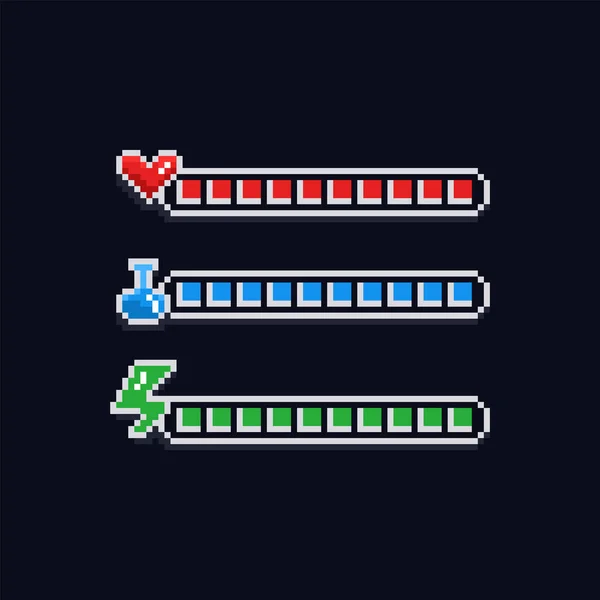 Pixel art 8 bit retro estilo jogo conjunto de interface de design - indicador de saúde vermelho com coração, etiqueta mana azul com poção e barra de carregamento de energia verde - itens isolados —  Vetores de Stock