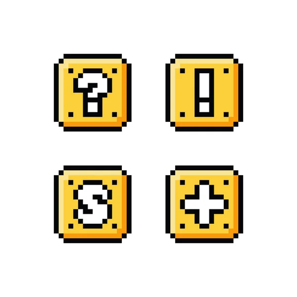 Pixel art conjunto de iconos de 8 bits - caja de oro amarillo con signo de interrogación, signo de exclamación, letra S y signo plus - ilustración vectorial aislada, activo de sprite juego — Archivo Imágenes Vectoriales