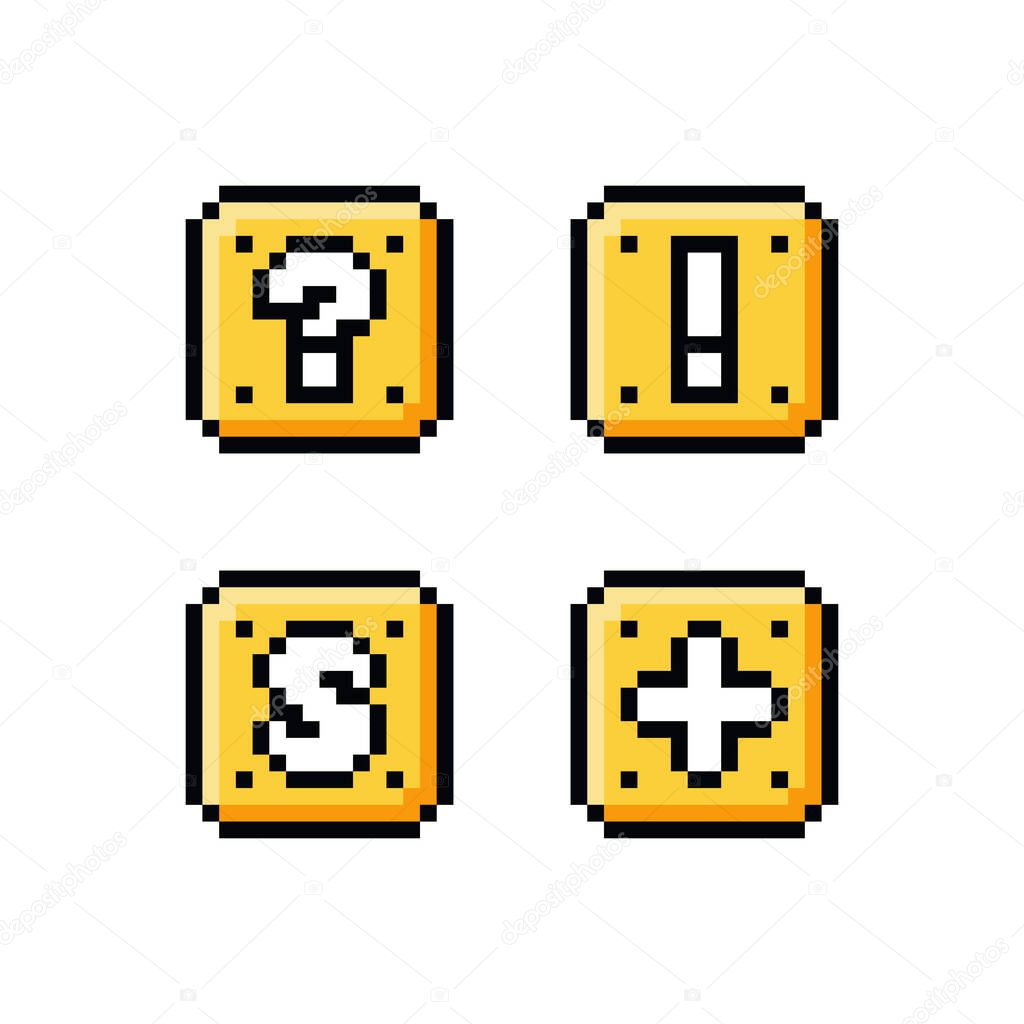 Pixel art 8 bit icon set - yellow golden box with question mark, exclamation mark, letter S and plus sign - isolated vector illustration, game sprite asset